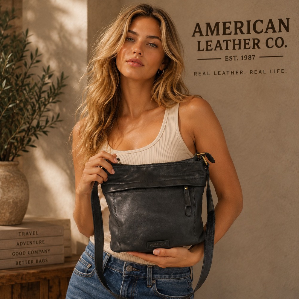 AMERICAN LEATHER CO Women's Crossbody Bag Casual Genuine Black Classic